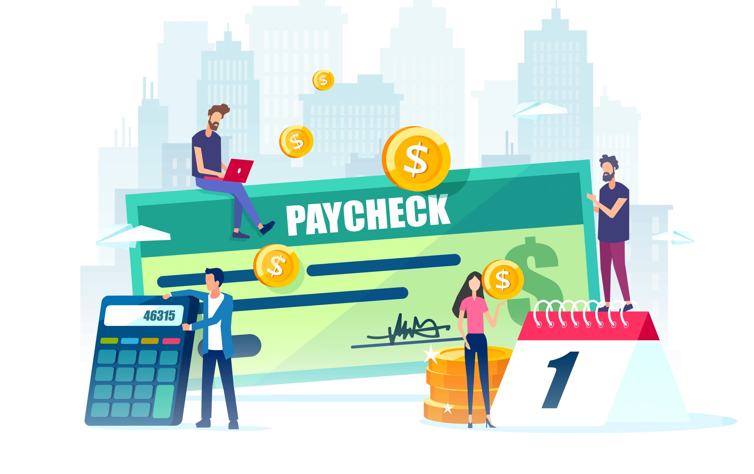 Salary and payroll concept. Vector of employees, calendar with payday and a paycheck