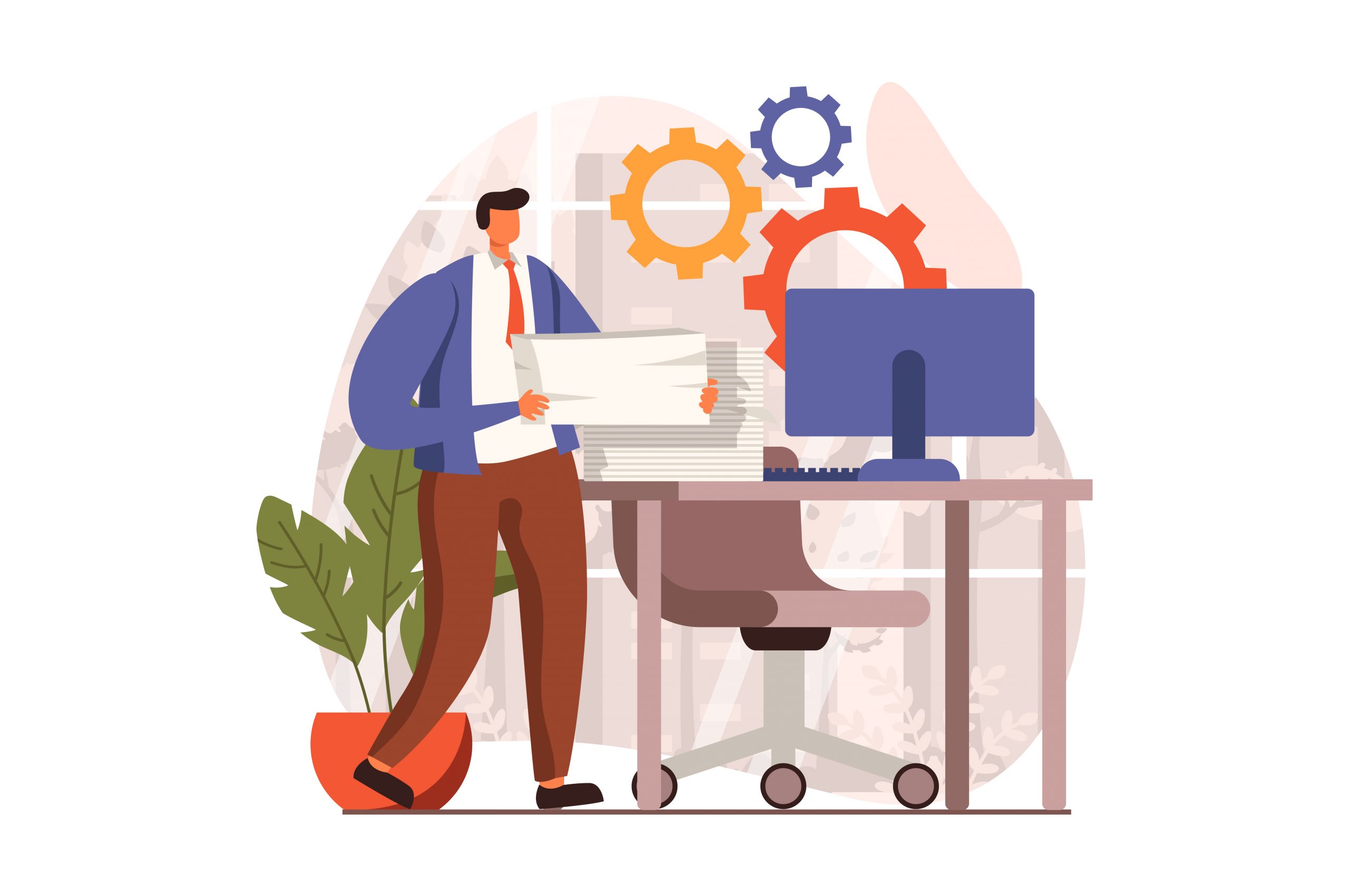 Business activities web concept in flat design. Man accountant holds stack of documents and making paperwork at workplace. Businesspeople working at office. Vector illustration with people scene